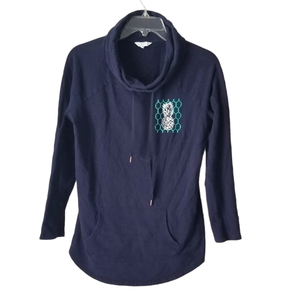Women's Crown & Ivy Cowl Neck Navy Pullover Sweatshirt Pineapple Print Size XS